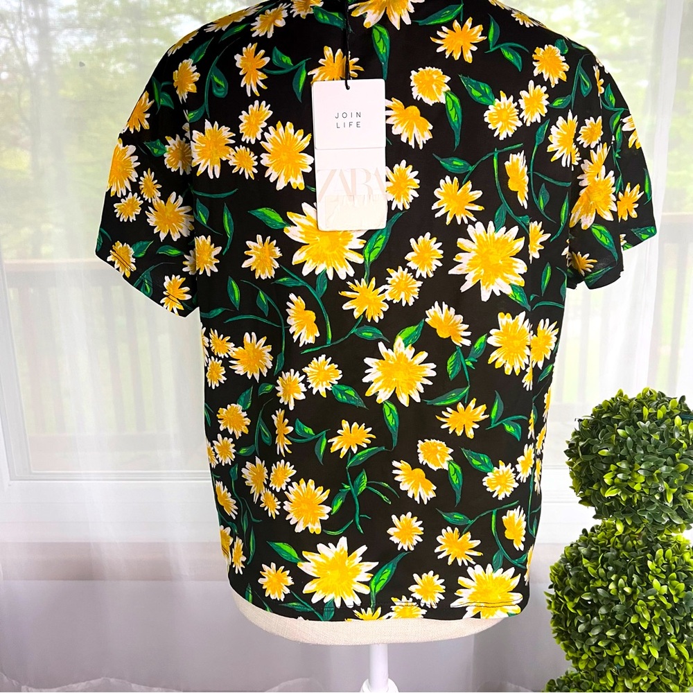 NWT Zara Black Yellow Daisy Floral Print Top Size Small - Picture 5 of 9